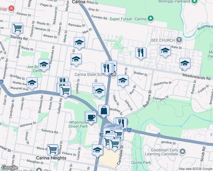 map of restaurants, bars, coffee shops, grocery stores, and more near 66A Bernecker Street in Carina