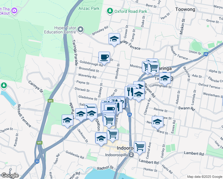 map of restaurants, bars, coffee shops, grocery stores, and more near 48 Payne Street in Indooroopilly