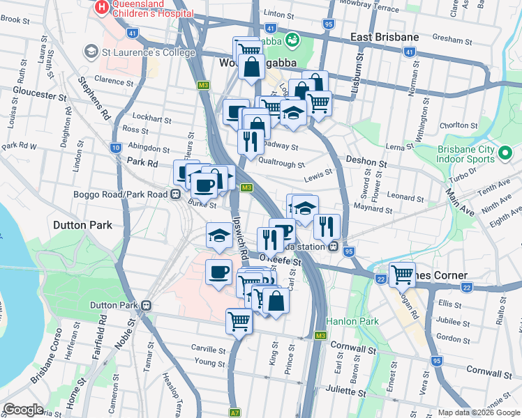map of restaurants, bars, coffee shops, grocery stores, and more near 22 Reis Street in Woolloongabba