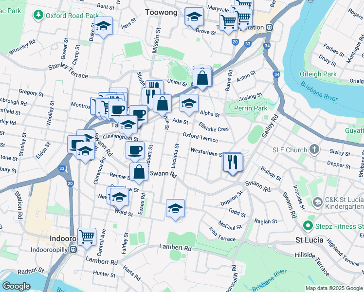 map of restaurants, bars, coffee shops, grocery stores, and more near 20 Lucinda Street in Taringa