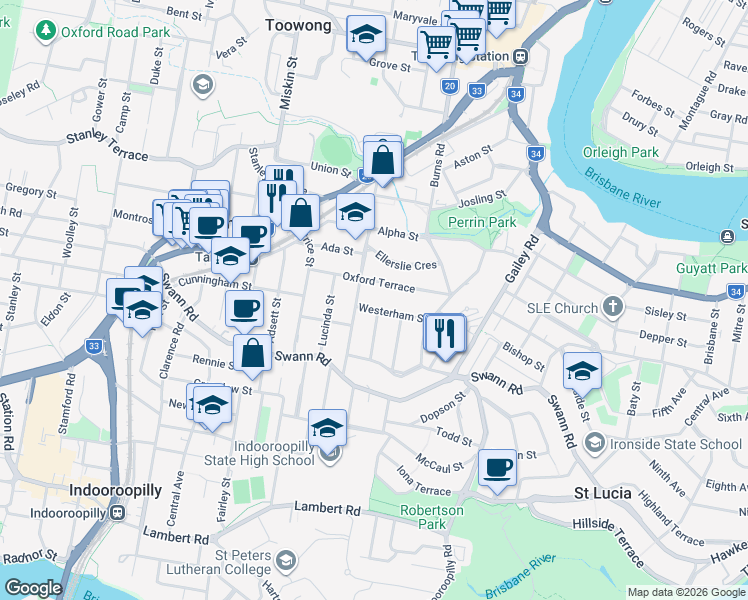 map of restaurants, bars, coffee shops, grocery stores, and more near 61 Westerham Street in Taringa