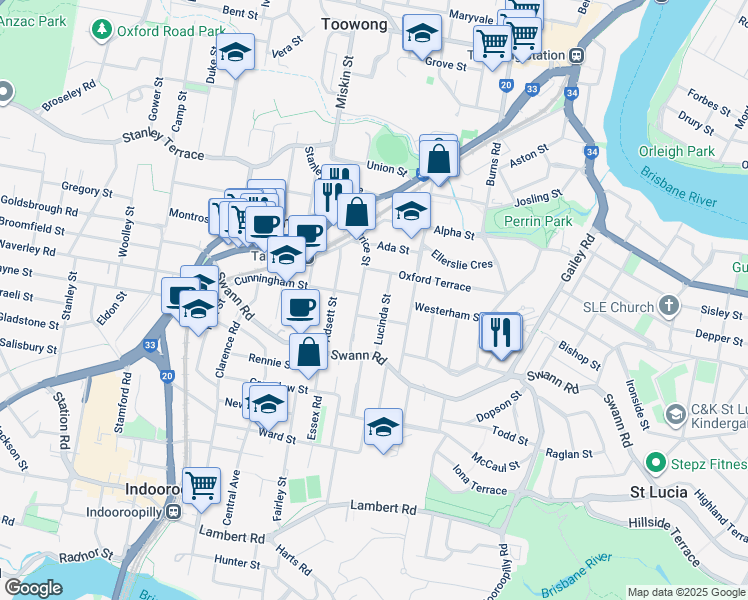 map of restaurants, bars, coffee shops, grocery stores, and more near 23 Lucinda Street in Taringa