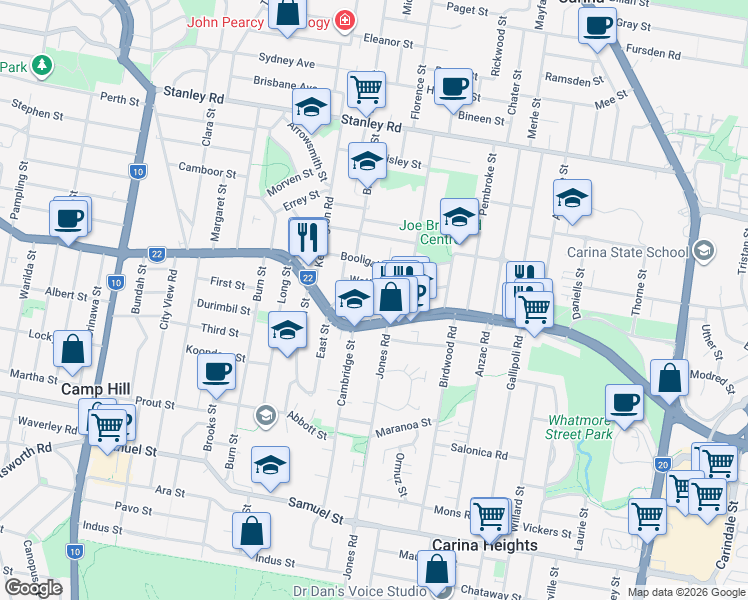 map of restaurants, bars, coffee shops, grocery stores, and more near Waratah Avenue in Carina