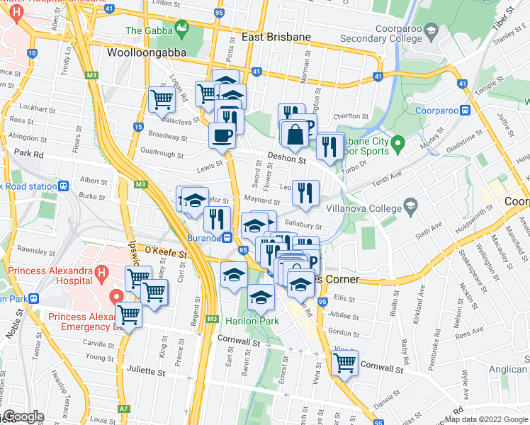 map of restaurants, bars, coffee shops, grocery stores, and more near 20 Vanda Street in Woolloongabba