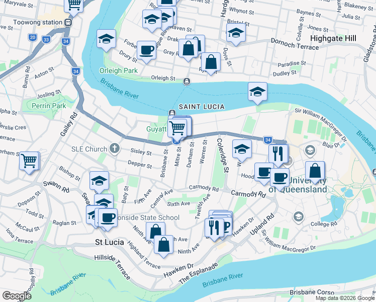 map of restaurants, bars, coffee shops, grocery stores, and more near 23 Durham Street in Saint Lucia