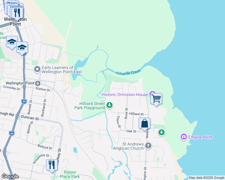 map of restaurants, bars, coffee shops, grocery stores, and more near 16 Darcelle Place in Ormiston