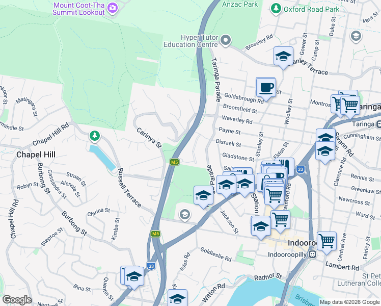 map of restaurants, bars, coffee shops, grocery stores, and more near 39 Newcomen Street in Indooroopilly