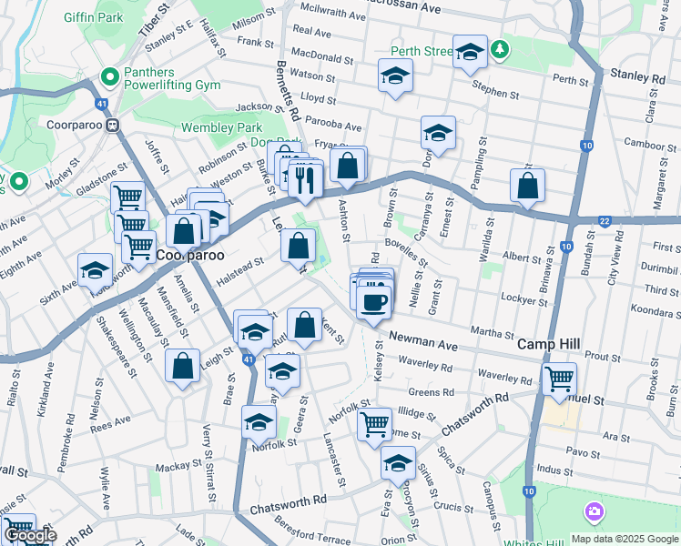 map of restaurants, bars, coffee shops, grocery stores, and more near 21 Boongall Road in Camp Hill