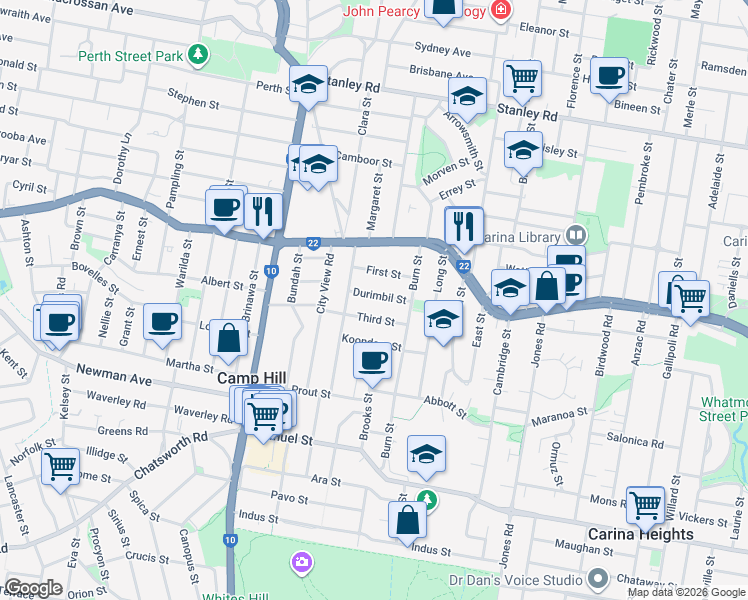 map of restaurants, bars, coffee shops, grocery stores, and more near 19 Durimbil Street in Camp Hill