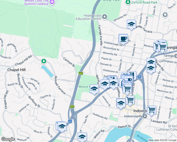 map of restaurants, bars, coffee shops, grocery stores, and more near 45 Newcomen Street in Indooroopilly
