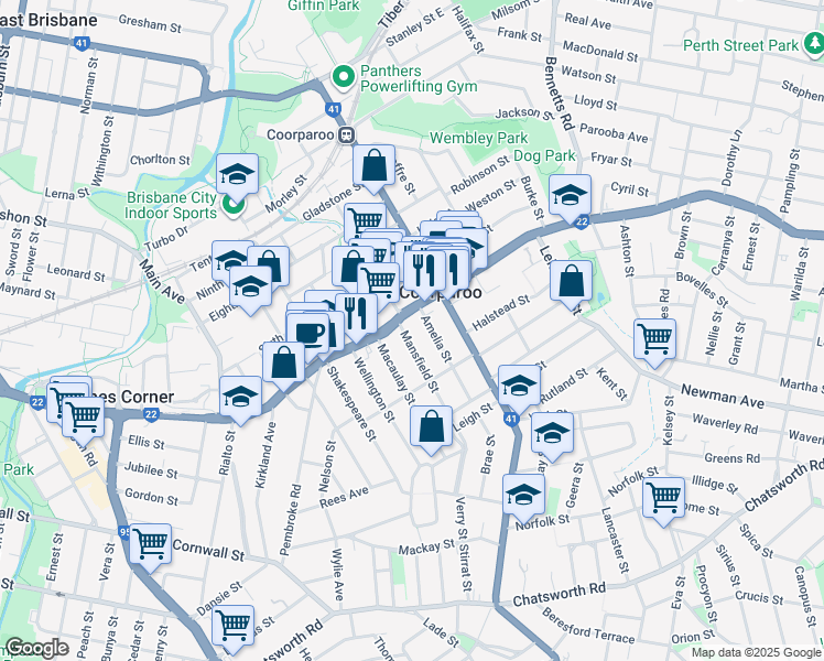 map of restaurants, bars, coffee shops, grocery stores, and more near 10 Mansfield Street in Coorparoo