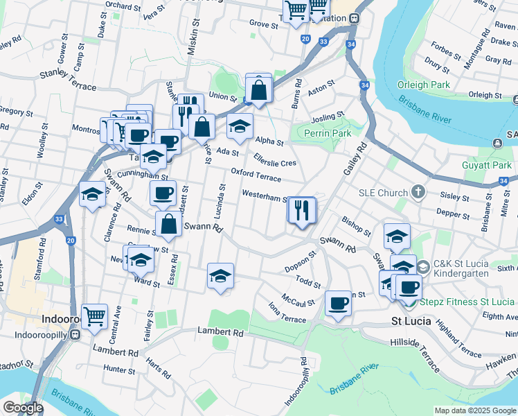 map of restaurants, bars, coffee shops, grocery stores, and more near 16 Sundridge Street in Taringa