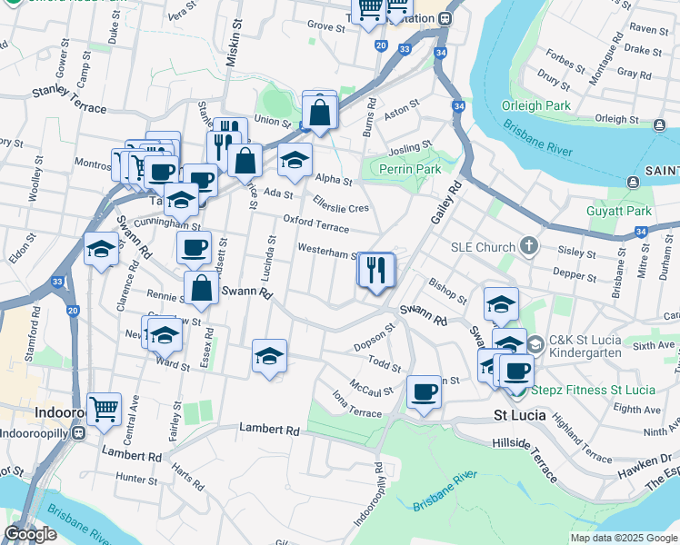 map of restaurants, bars, coffee shops, grocery stores, and more near 14 Brasted Street in Taringa