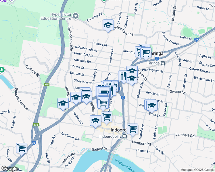 map of restaurants, bars, coffee shops, grocery stores, and more near 85 Manchester Terrace in Indooroopilly