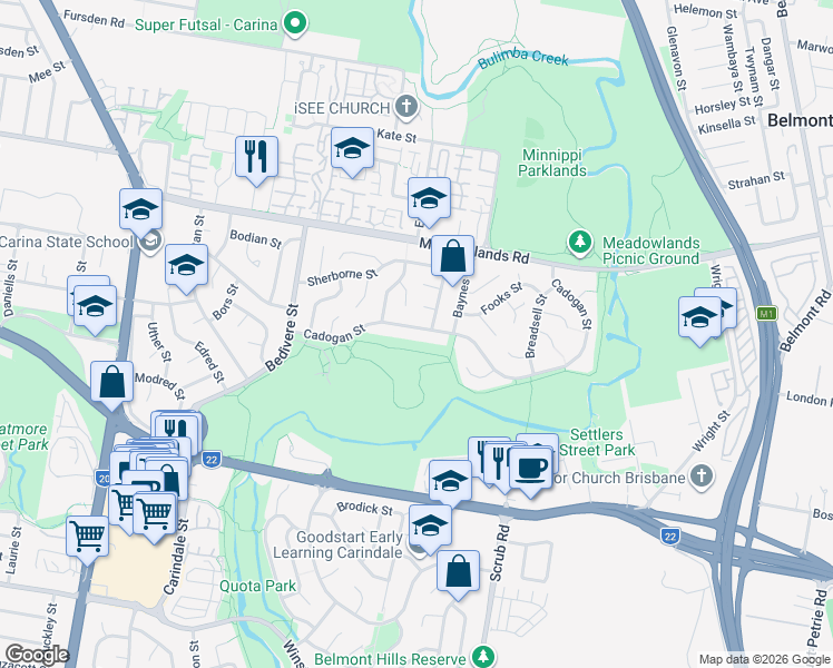 map of restaurants, bars, coffee shops, grocery stores, and more near 53 Cadogan Street in Carindale