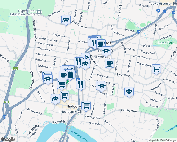 map of restaurants, bars, coffee shops, grocery stores, and more near 40 York Street in Indooroopilly