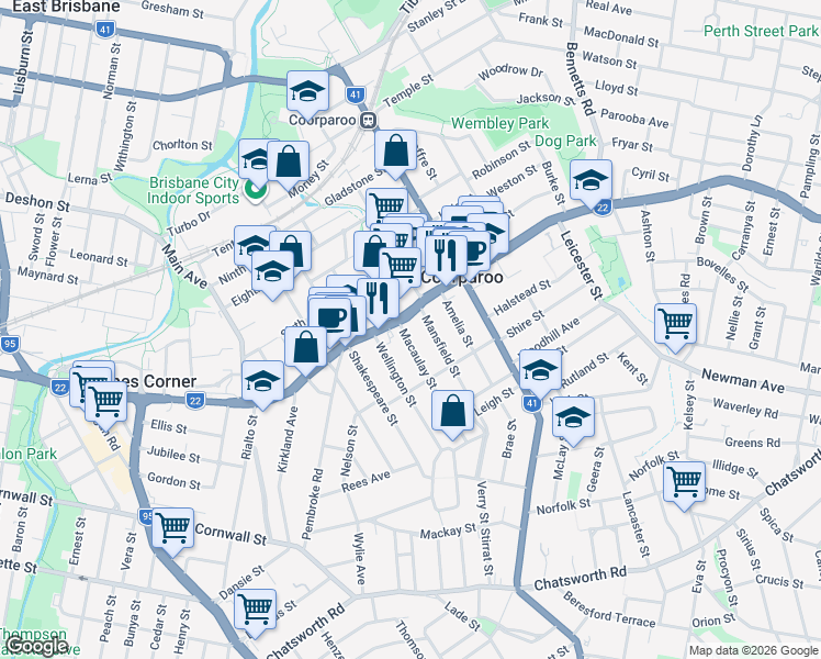 map of restaurants, bars, coffee shops, grocery stores, and more near 247 Old Cleveland Road in Coorparoo