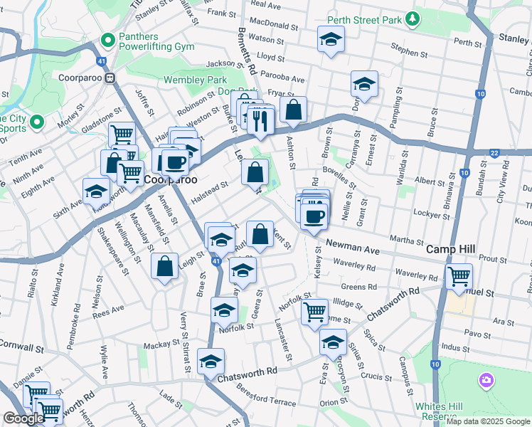 map of restaurants, bars, coffee shops, grocery stores, and more near 73 Derby Street in Coorparoo