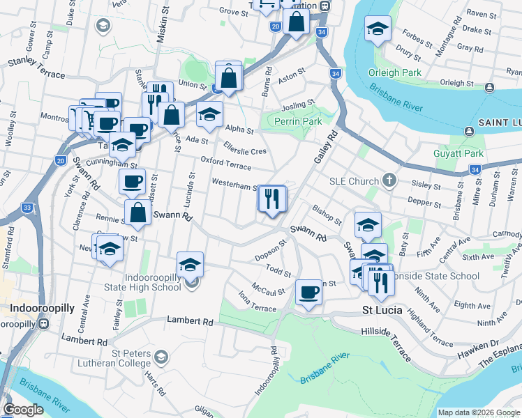 map of restaurants, bars, coffee shops, grocery stores, and more near 110 Indooroopilly Road in Taringa