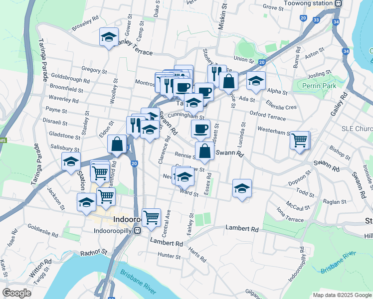 map of restaurants, bars, coffee shops, grocery stores, and more near 28 Central Avenue in Indooroopilly