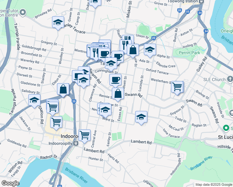 map of restaurants, bars, coffee shops, grocery stores, and more near 87 Swann Road in Taringa