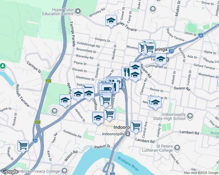 map of restaurants, bars, coffee shops, grocery stores, and more near 38 Vincent Street in Indooroopilly