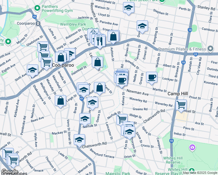 map of restaurants, bars, coffee shops, grocery stores, and more near 12 Kent Street in Coorparoo