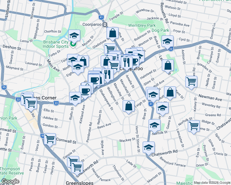 map of restaurants, bars, coffee shops, grocery stores, and more near 21 Macaulay Street in Coorparoo