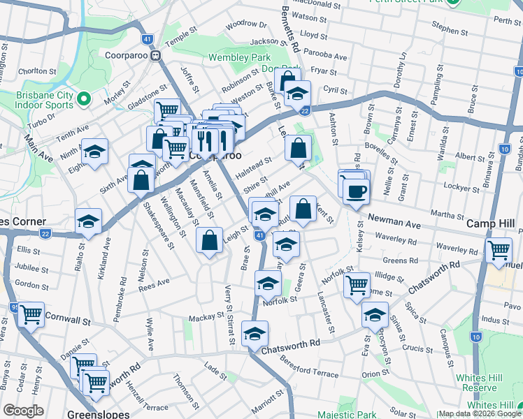 map of restaurants, bars, coffee shops, grocery stores, and more near 16 Derby Street in Coorparoo