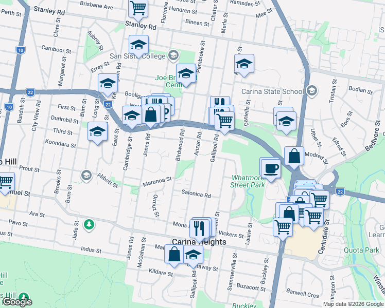 map of restaurants, bars, coffee shops, grocery stores, and more near 31 Anzac Road in Carina Heights