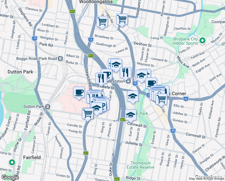 map of restaurants, bars, coffee shops, grocery stores, and more near 2 Carl Street in Woolloongabba