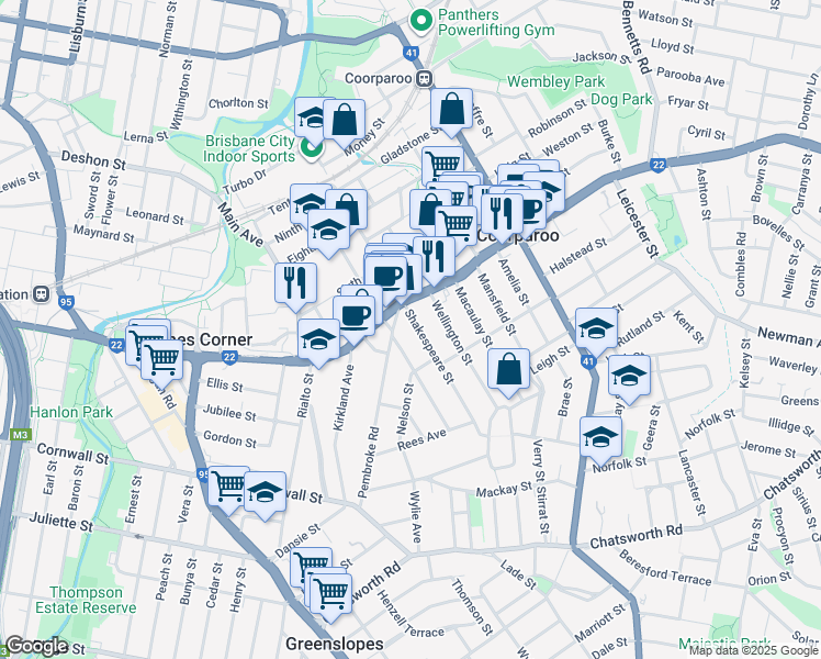 map of restaurants, bars, coffee shops, grocery stores, and more near 15 Shakespeare Street in Coorparoo