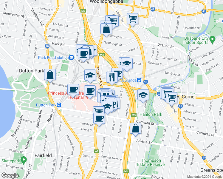 map of restaurants, bars, coffee shops, grocery stores, and more near 3 Wolseley Street in Woolloongabba