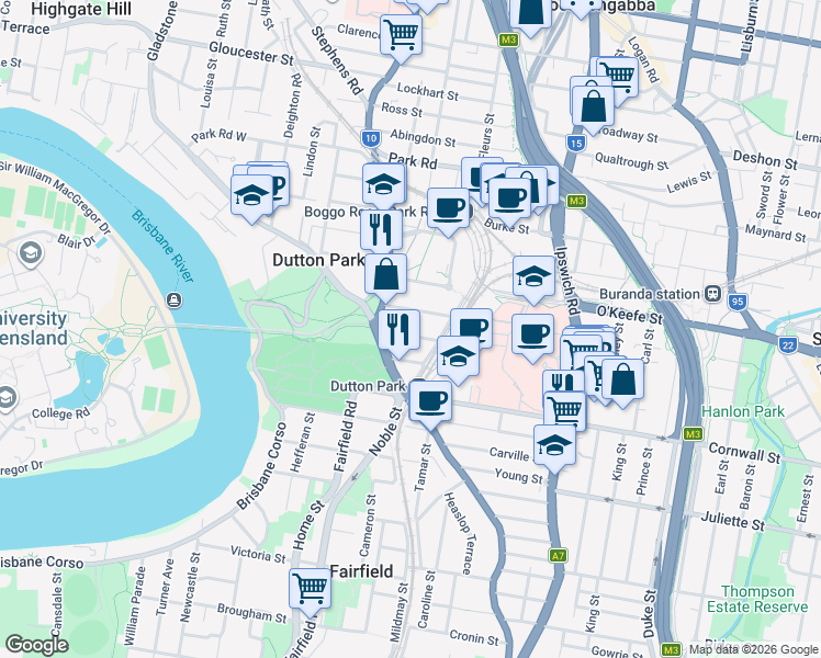 map of restaurants, bars, coffee shops, grocery stores, and more near 24 Dutton Street in Dutton Park