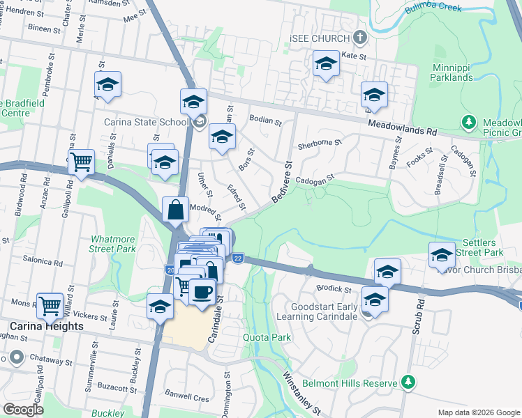 map of restaurants, bars, coffee shops, grocery stores, and more near Bedivere Street in Carindale