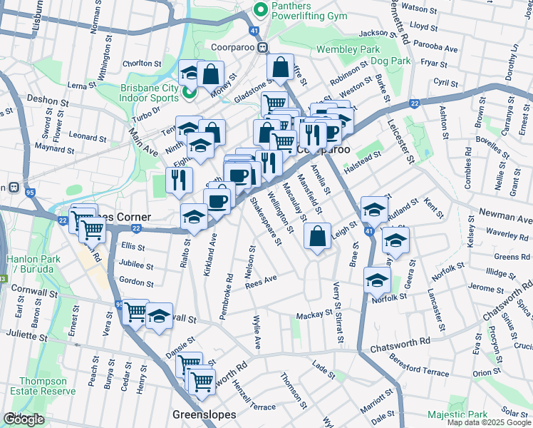 map of restaurants, bars, coffee shops, grocery stores, and more near 28 Shakespeare Street in Coorparoo