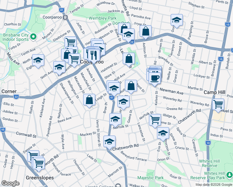 map of restaurants, bars, coffee shops, grocery stores, and more near 15 Durham Street in Coorparoo