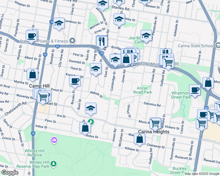 map of restaurants, bars, coffee shops, grocery stores, and more near 41 Cambridge Street in Carina Heights