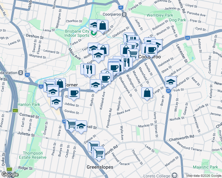 map of restaurants, bars, coffee shops, grocery stores, and more near 9 Ames Street in Coorparoo