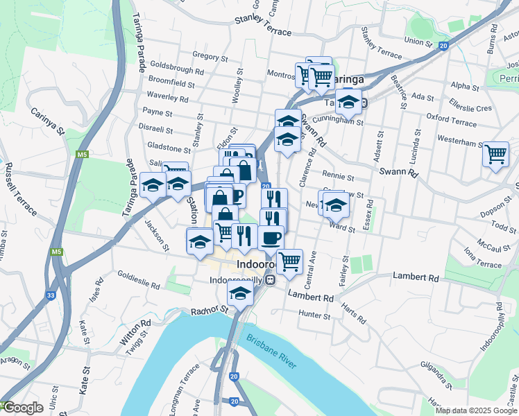 map of restaurants, bars, coffee shops, grocery stores, and more near 57 Coonan Street in Indooroopilly