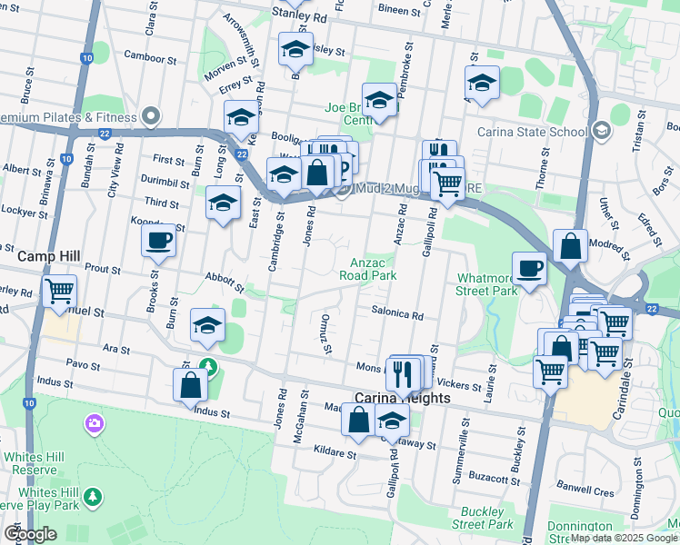 map of restaurants, bars, coffee shops, grocery stores, and more near 54 Hill Crescent in Carina Heights