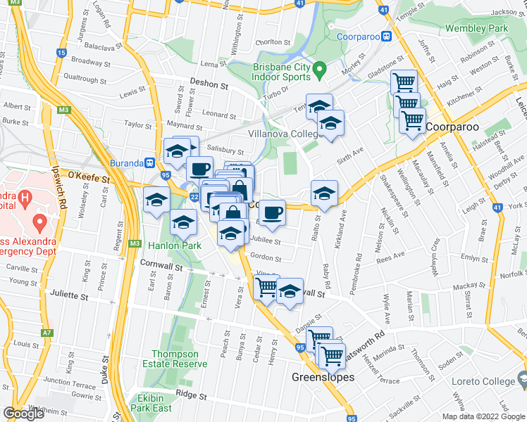 map of restaurants, bars, coffee shops, grocery stores, and more near 95 Old Cleveland Road in Greenslopes