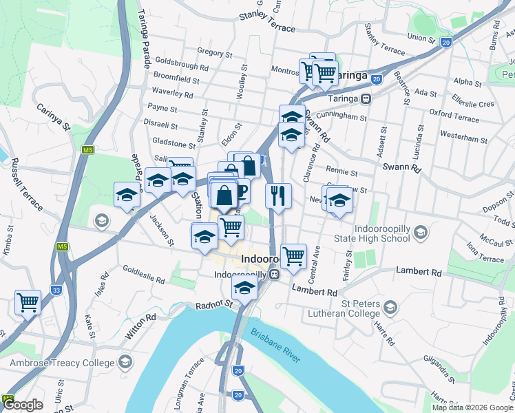 map of restaurants, bars, coffee shops, grocery stores, and more near 44 Underhill Avenue in Indooroopilly