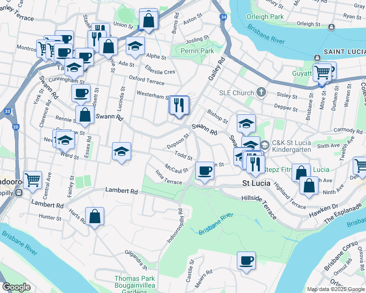 map of restaurants, bars, coffee shops, grocery stores, and more near 27 Ruskin Street in Taringa