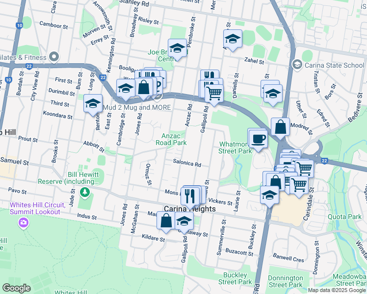 map of restaurants, bars, coffee shops, grocery stores, and more near Anzac Road in Brisbane City