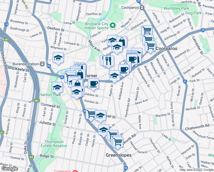 map of restaurants, bars, coffee shops, grocery stores, and more near 10 Knowsley Street in Greenslopes