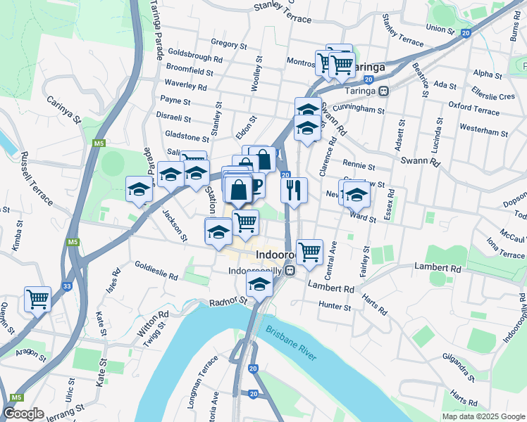 map of restaurants, bars, coffee shops, grocery stores, and more near 31 Belgrave Road in Indooroopilly