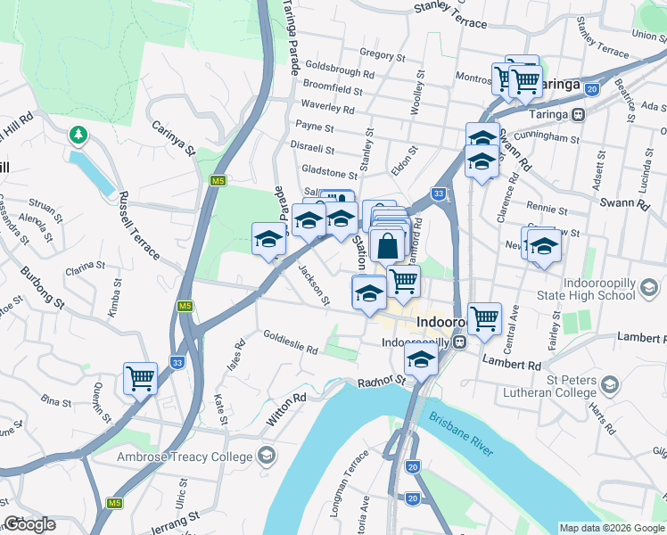 map of restaurants, bars, coffee shops, grocery stores, and more near 26 Rylatt Street in Indooroopilly