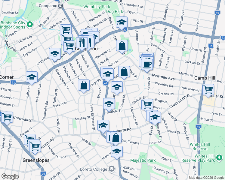 map of restaurants, bars, coffee shops, grocery stores, and more near 15 McLay Street in Coorparoo