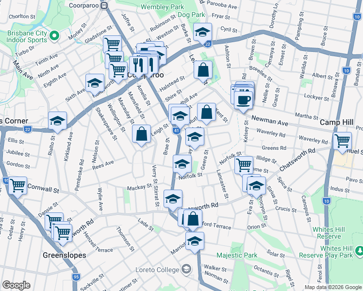 map of restaurants, bars, coffee shops, grocery stores, and more near 272 Cavendish Road in Coorparoo